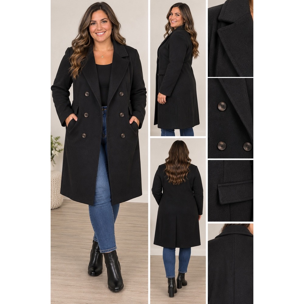 SHEIN Womens Black Double Breasted Notched Lapel Overcoat Jacket Size XL US 12